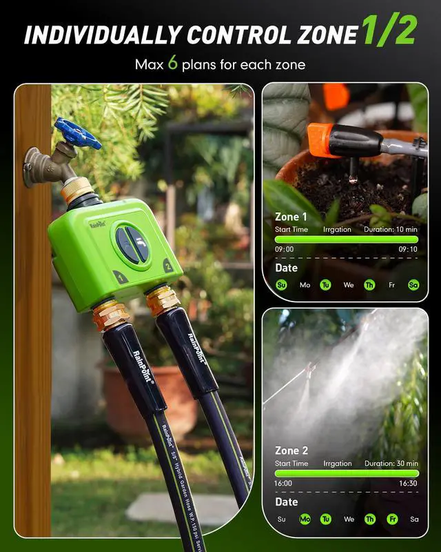 Alt view image 6 of 7 - WiFi Water Timer for Garden Hose, 2 Zone WiFi Sprinkler Controller, Smart Hose Timer Valve, Automatic Drip Irrigation System/Rain Delay for Garden/Lawn