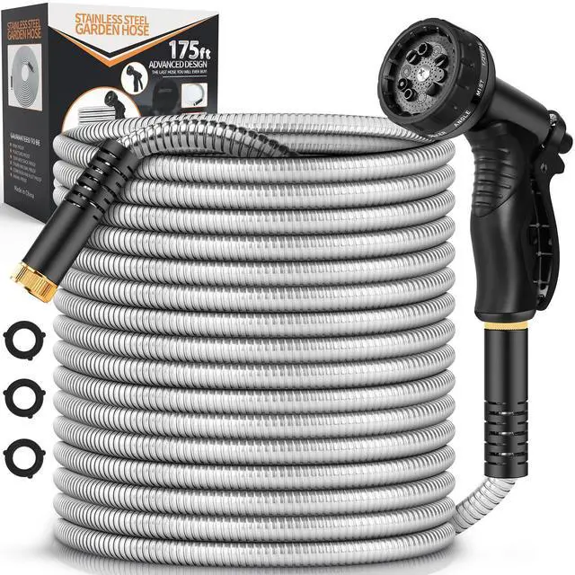 Main image of Garden Hose 175FT No-Kink Metal Hose With 10 Function Nozzle Tough | Stainless Steel Hose, Leak-proof, Flexible and Lightweight, No-Tangle Easy to Store, Rust Proof for Garden Yard Outdoor RV