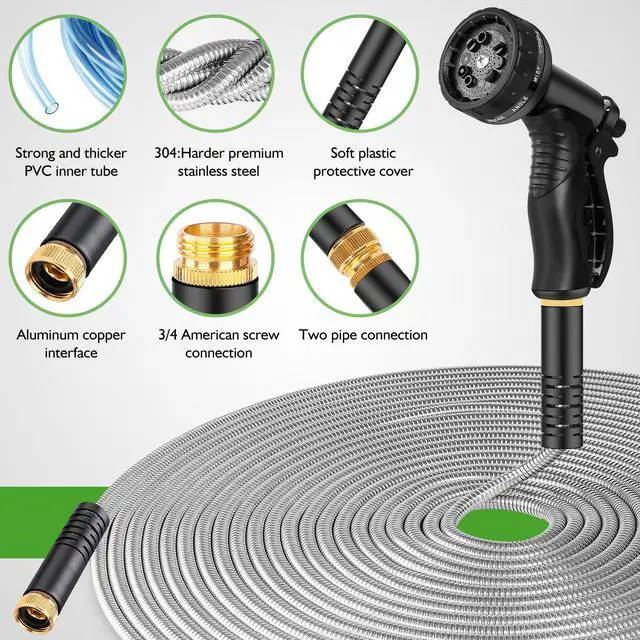 Alt view image 2 of 6 - Garden Hose 175FT No-Kink Metal Hose With 10 Function Nozzle Tough | Stainless Steel Hose, Leak-proof, Flexible and Lightweight, No-Tangle Easy to Store, Rust Proof for Garden Yard Outdoor RV