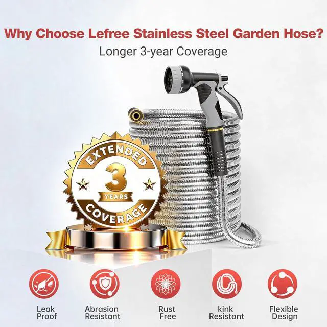 Alt view image 2 of 7 - 200ft Heavy Duty Stainless Steel Garden Hose | NoKink LeakProof Crush Resistant &10 Pattern Nozzle for Large Lawn RV Camping Long Range Yard Irrigation