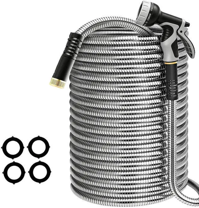 Main image of 200ft Heavy Duty Stainless Steel Garden Hose | NoKink LeakProof Crush Resistant &10 Pattern Nozzle for Large Lawn RV Camping Long Range Yard Irrigation