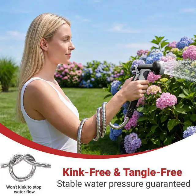 Alt view image 6 of 7 - 200ft Heavy Duty Stainless Steel Garden Hose | NoKink LeakProof Crush Resistant &10 Pattern Nozzle for Large Lawn RV Camping Long Range Yard Irrigation