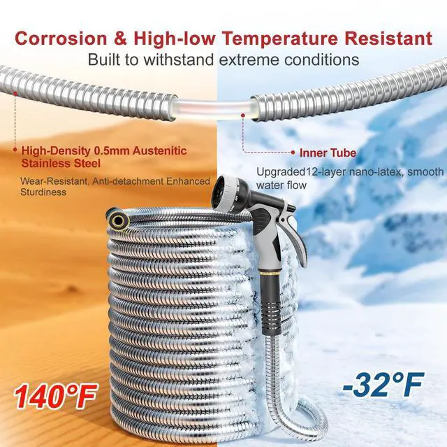 Alt view image 5 of 7 - 200ft Heavy Duty Stainless Steel Garden Hose | NoKink LeakProof Crush Resistant &10 Pattern Nozzle for Large Lawn RV Camping Long Range Yard Irrigation
