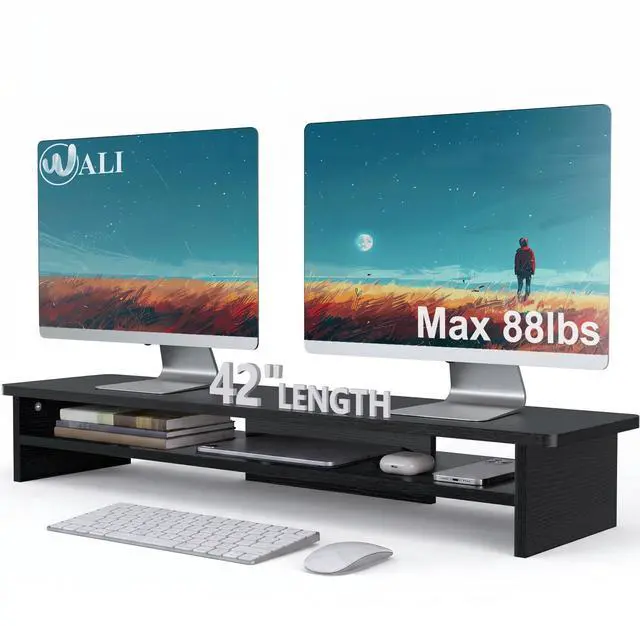 Main image of 42 inch Large Wood Dual Monitor Stand Riser with Storage, up to 88lbs | Multi-Purpose Computer Stands, 2 Tier Desktop Organizer Desk Shelf for Home Office PC, Laptop, Printer, TV (WTT001), Black