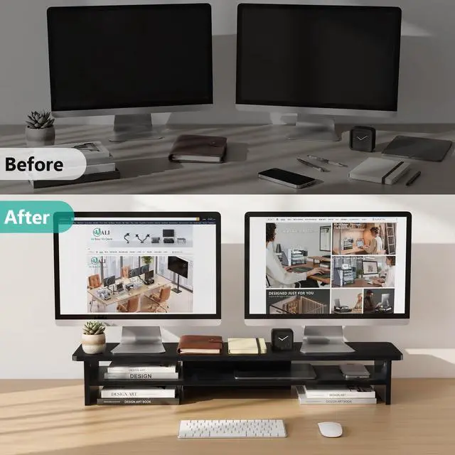 Alt view image 3 of 7 - 42 inch Large Wood Dual Monitor Stand Riser with Storage, up to 88lbs | Multi-Purpose Computer Stands, 2 Tier Desktop Organizer Desk Shelf for Home Office PC, Laptop, Printer, TV (WTT001), Black
