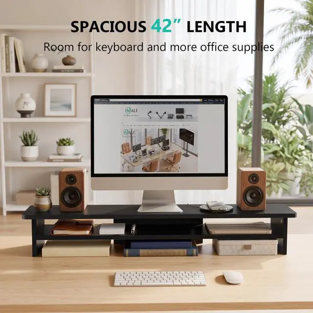 Alt view image 2 of 7 - 42 inch Large Wood Dual Monitor Stand Riser with Storage, up to 88lbs | Multi-Purpose Computer Stands, 2 Tier Desktop Organizer Desk Shelf for Home Office PC, Laptop, Printer, TV (WTT001), Black