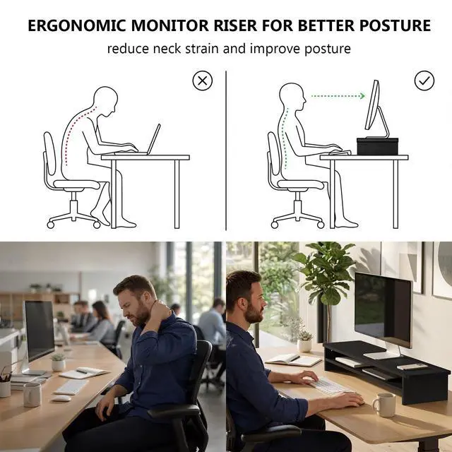 Alt view image 4 of 7 - 42 inch Large Wood Dual Monitor Stand Riser with Storage, up to 88lbs | Multi-Purpose Computer Stands, 2 Tier Desktop Organizer Desk Shelf for Home Office PC, Laptop, Printer, TV (WTT001), Black