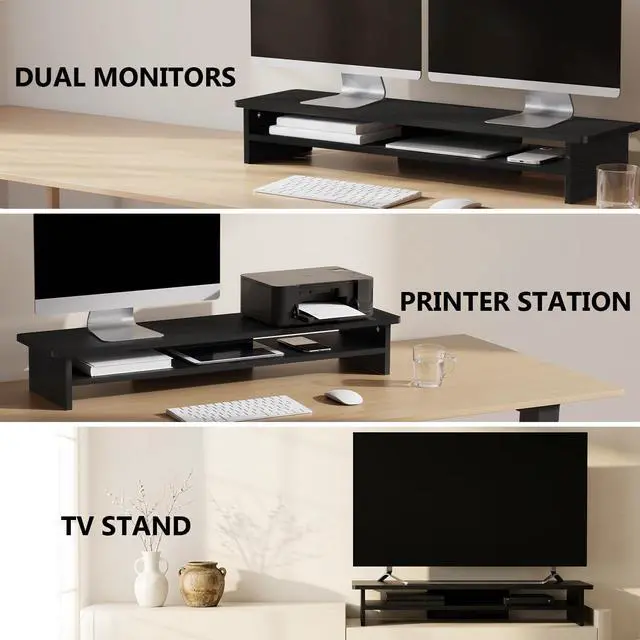 Alt view image 5 of 7 - 42 inch Large Wood Dual Monitor Stand Riser with Storage, up to 88lbs | Multi-Purpose Computer Stands, 2 Tier Desktop Organizer Desk Shelf for Home Office PC, Laptop, Printer, TV (WTT001), Black