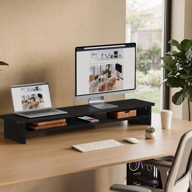 Alt view image 6 of 7 - 42 inch Large Wood Dual Monitor Stand Riser with Storage, up to 88lbs | Multi-Purpose Computer Stands, 2 Tier Desktop Organizer Desk Shelf for Home Office PC, Laptop, Printer, TV (WTT001), Black