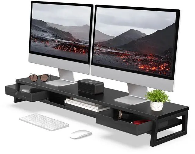 Main image of Dual Monitor Stand Riser, 42.5in Desk Shelf with 2 Drawers, Black | 2-Tier Monitor Shelf for Desk, Storage Drawer with Stopper, Frosted, fit Home Office, Ultrawide Screen, PC, Laptop, TV