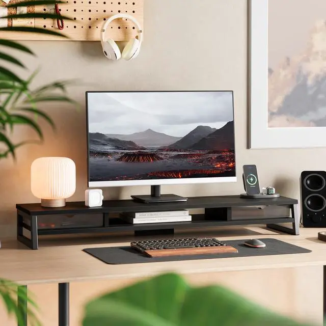 Alt view image 2 of 7 - Dual Monitor Stand Riser, 42.5in Desk Shelf with 2 Drawers, Black | 2-Tier Monitor Shelf for Desk, Storage Drawer with Stopper, Frosted, fit Home Office, Ultrawide Screen, PC, Laptop, TV