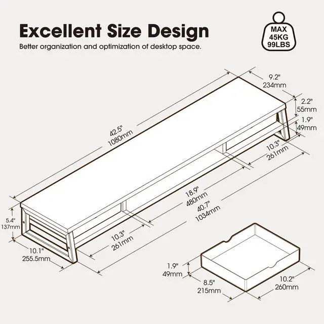 Alt view image 3 of 7 - Dual Monitor Stand Riser, 42.5in Desk Shelf with 2 Drawers, Black | 2-Tier Monitor Shelf for Desk, Storage Drawer with Stopper, Frosted, fit Home Office, Ultrawide Screen, PC, Laptop, TV