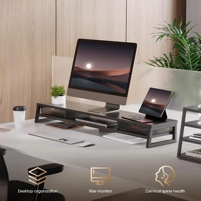 Alt view image 7 of 7 - Dual Monitor Stand Riser, 42.5in Desk Shelf with 2 Drawers, Black | 2-Tier Monitor Shelf for Desk, Storage Drawer with Stopper, Frosted, fit Home Office, Ultrawide Screen, PC, Laptop, TV