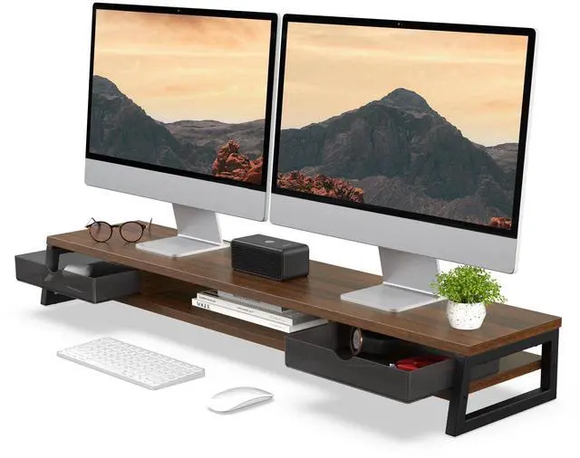 Main image of Dual Monitor Stand Riser, 42.5in Desk Shelf with 2 Drawers, Brown | 2-Tier Monitor Shelf for Desk, Storage Drawer with Stopper, Frosted, fit Home Office, Ultrawide Screen, PC, Laptop, TV