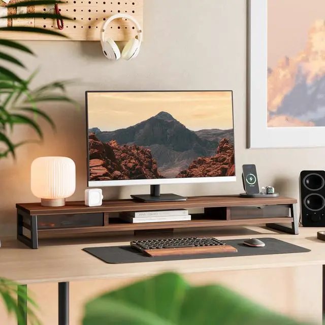 Alt view image 2 of 7 - Dual Monitor Stand Riser, 42.5in Desk Shelf with 2 Drawers, Brown | 2-Tier Monitor Shelf for Desk, Storage Drawer with Stopper, Frosted, fit Home Office, Ultrawide Screen, PC, Laptop, TV