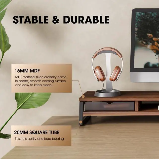 Alt view image 4 of 7 - Dual Monitor Stand Riser, 42.5in Desk Shelf with 2 Drawers, Brown | 2-Tier Monitor Shelf for Desk, Storage Drawer with Stopper, Frosted, fit Home Office, Ultrawide Screen, PC, Laptop, TV