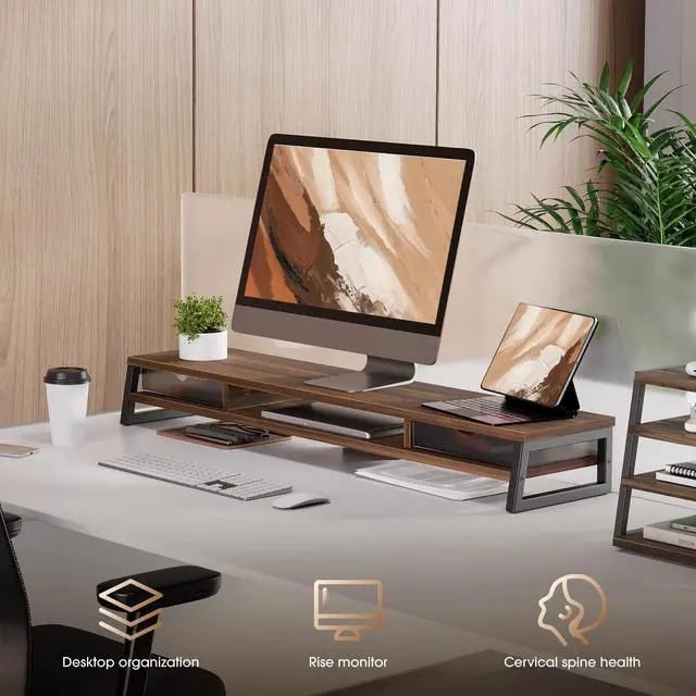 Alt view image 7 of 7 - Dual Monitor Stand Riser, 42.5in Desk Shelf with 2 Drawers, Brown | 2-Tier Monitor Shelf for Desk, Storage Drawer with Stopper, Frosted, fit Home Office, Ultrawide Screen, PC, Laptop, TV