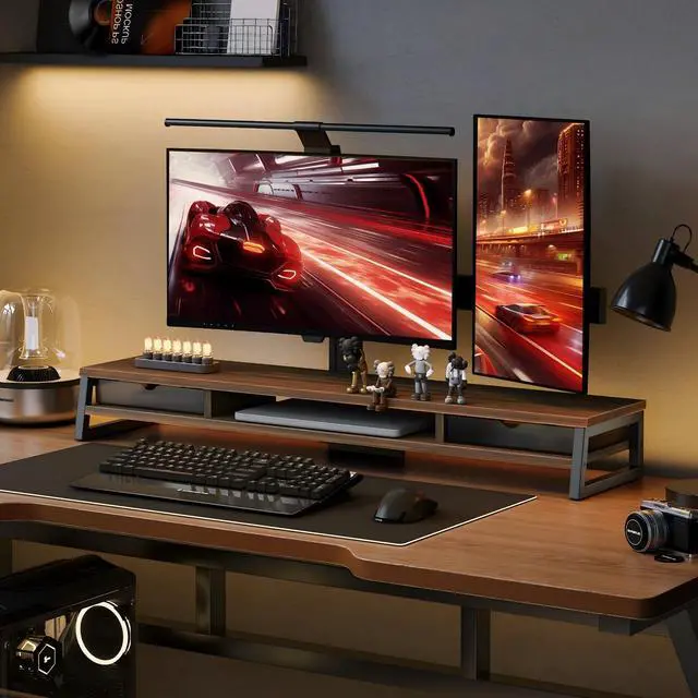 Alt view image 6 of 7 - Dual Monitor Stand Riser, 42.5in Desk Shelf with 2 Drawers, Brown | 2-Tier Monitor Shelf for Desk, Storage Drawer with Stopper, Frosted, fit Home Office, Ultrawide Screen, PC, Laptop, TV