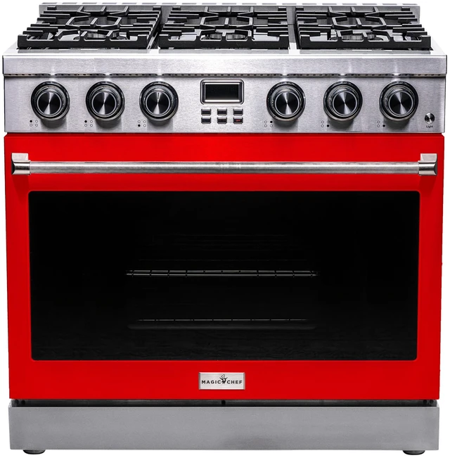 Main image of Pro-Style 36 in. 6-Burner Slide-in Gas Range with Convection in Stainless with Red Door