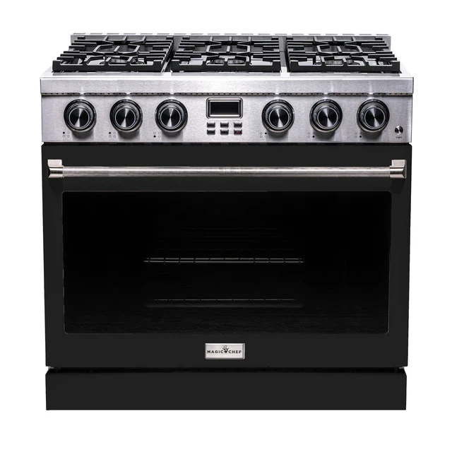 Main image of Pro-Style 36 in. 6-Burner Slide-in Gas Range with Convection in Stainless with Black Door