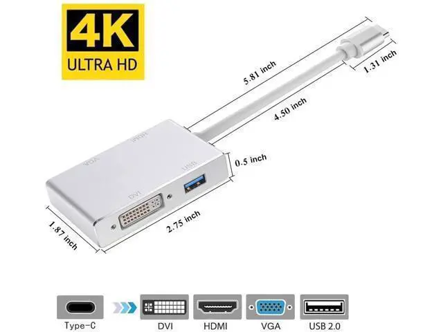 Alt view image 7 of 7 - USB C to HDMI/DVI/VGA Adapter, Monodeal 4 in 1 USB 3.0 Type-C Hub VGA/HDMI/DVI Video Adapter 4K UHD, supports HDMI&VGA, DVI&VGA simultaneously, male to female multi-display video converter