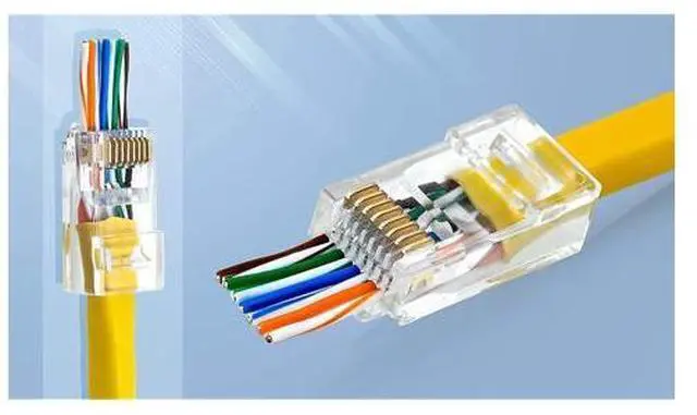 Alt view image 6 of 7 - RJ45 Cat6 Pass Through Connectors Pack of 100 | EZ Crimp Connector UTP Network Plug for Unshielded Twisted Pair Solid Wire & Standard Cables | Transparent Passthrough Ethernet Insert
