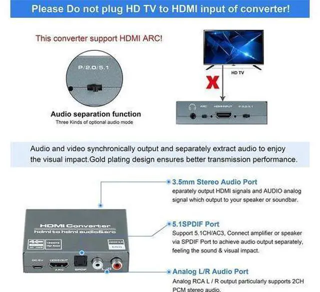 Alt view image 4 of 7 - 4K@60HZ HDMI Audio Extractor, avedio links HDMI to HDMI with Optical TOSLINK SPDIF + 5.1/2CH + 3.5mm RCA R/L Audio Converter HDMI Audio Splitter Adapter Supports HDMI 2.0, HDCP 2.2, 18Gpbs for PS5