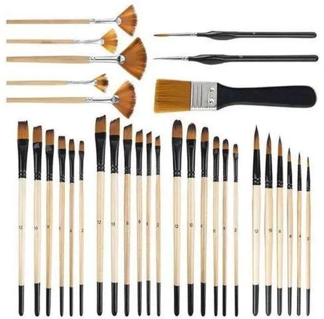Main image of 32Pcs Paint Brushes Kit For Acrylic Painting,Premium Nylon Bristles With Round, Filbert, Flat, Fan, Angle, Fine Detail Brush Set