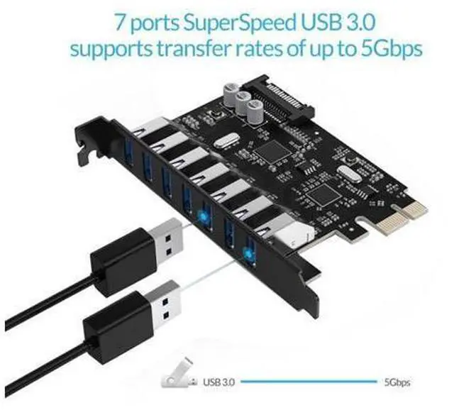 Alt view image 2 of 3 - Super Speed 7 Port USB 3.0 PCI-E Express Card With A 15 Pin SATA Power Connector PCIE Adapter