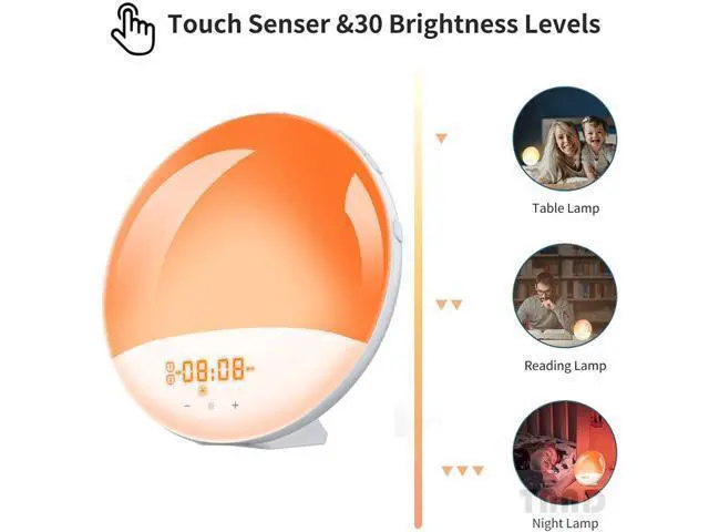 Alt view image 2 of 7 - Wake-up lamp sunrise alarm clock, 7-color bedside night lamp, with sunrise sunset simulation, double alarm clock, snooze function, FM radio clock and 7 kinds of natural sounds Equipped with US charger