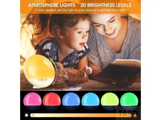 Alt view image 5 of 7 - Wake-up lamp sunrise alarm clock, 7-color bedside night lamp, with sunrise sunset simulation, double alarm clock, snooze function, FM radio clock and 7 kinds of natural sounds Equipped with US charger