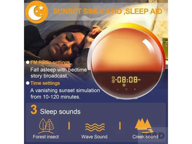 Alt view image 7 of 7 - Wake-up lamp sunrise alarm clock, 7-color bedside night lamp, with sunrise sunset simulation, double alarm clock, snooze function, FM radio clock and 7 kinds of natural sounds Equipped with US charger