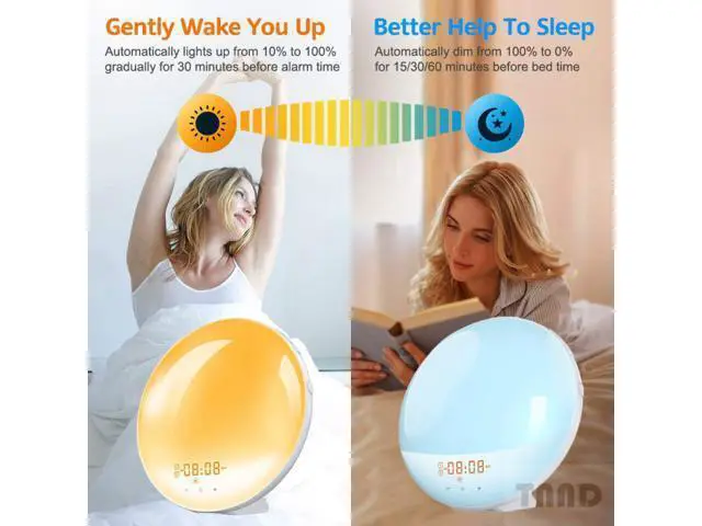 Alt view image 6 of 7 - Wake-up lamp sunrise alarm clock, 7-color bedside night lamp, with sunrise sunset simulation, double alarm clock, snooze function, FM radio clock and 7 kinds of natural sounds Equipped with US charger