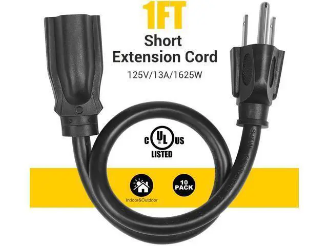 Alt view image 2 of 7 - 10 Pack Short Extension Cord 1 Foot Power Cord 16 AWG SJTW Weatherproof Extension Cable for Indoor Outdoor Use 3 Prong Grounded Outlets Plugs NEMA 5-15P to NEMA 5-15R Black UL Listed