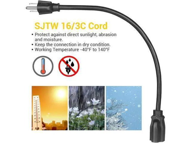 Alt view image 3 of 7 - 10 Pack Short Extension Cord 1 Foot Power Cord 16 AWG SJTW Weatherproof Extension Cable for Indoor Outdoor Use 3 Prong Grounded Outlets Plugs NEMA 5-15P to NEMA 5-15R Black UL Listed