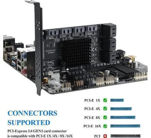 Alt view image 2 of 7 - PCIE 1X SATA Card 10 Ports,6 Gbps SATA 3.0 Controller PCIe Expansion Card,Non-Raid,Support 10 SATA 3.0 Devices,with Low Profile Bracket and 10 SATA Cables(Chip:ASM1166)
