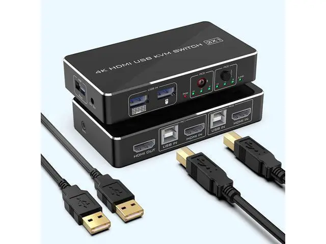 Main image of KVM Switch HDMI 2 Port Box Rocketek 2 USB 2.0 Hub Share 2 Computers to One HD Monitor 4K@30Hz KVM Switcher Adapter USB Switch Support Wireless Keyboard and Mouse Connections with 2 USB Cable