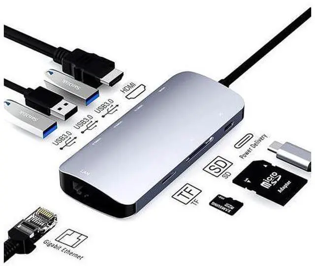 Main image of USB C Hub Ethernet Port USB C Adapter GIGABIT 1000M Rj45 8in1 multiport 60W Fast charging-4K HD-MI to 5Gbps Data Transfer,SD/TF, USB C Hub_Flat