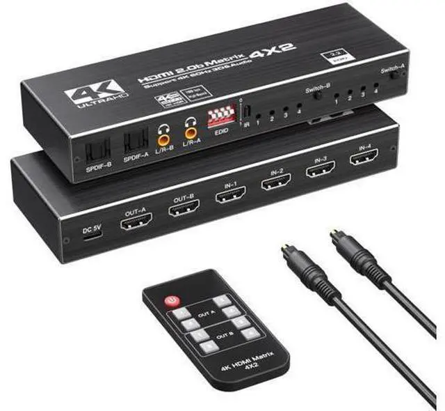 Main image of 4K HDMI Matrix Switch 4x2, Video Switcher Splitter 4 in 2 Out, Optical and LR Audio Output with IR Remote Controller, Support 4K@60Hz 3D 18.5Gbps x 3 Data Rate, HDMI 2.0b, HDCP 2.2