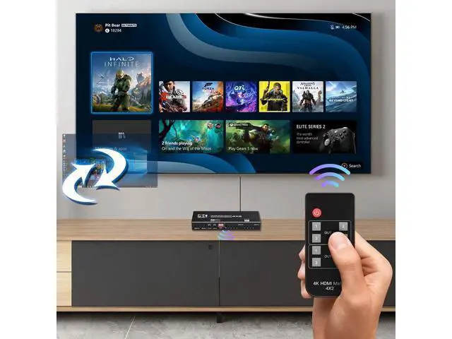Alt view image 6 of 7 - 4K HDMI Matrix Switch 4x2, Video Switcher Splitter 4 in 2 Out, Optical and LR Audio Output with IR Remote Controller, Support 4K@60Hz 3D 18.5Gbps x 3 Data Rate, HDMI 2.0b, HDCP 2.2