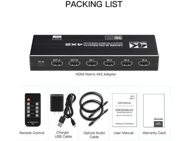 Alt view image 7 of 7 - 4K HDMI Matrix Switch 4x2, Video Switcher Splitter 4 in 2 Out, Optical and LR Audio Output with IR Remote Controller, Support 4K@60Hz 3D 18.5Gbps x 3 Data Rate, HDMI 2.0b, HDCP 2.2