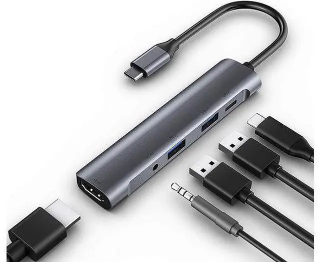 Main image of 5 Ports USB C Hub, Docking Station, HDMI+Type C PD+Audio 3.5mm+USB 3.0+USB 2.0 USB-C Hub adapter, Laptop dock, 4K HDMI Smart 5 fit 1 USB-C Dongle, Compatible for MacBook Pro/Air More Type C devices
