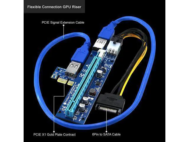 Alt view image 2 of 7 - PCI-E Riser for Bitcoin Litecoin ETH Coin Mining 6 PIN Powered PCIE Extension Cable GPU Riser Ethereum Mining ETH GPU Extension Cable PCIEX1 to PCIE X16 VER006C GPU Riser(Blue 6-PCS)