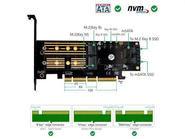 Alt view image 3 of 6 - M.2 NVMe PCI Express 3.0 X16 Adapter PCIE to M2 Adapter M Key B Key mSATA 3in1 NVME AHCI M.2 NGFF SSD mSATA Converter Riser Card