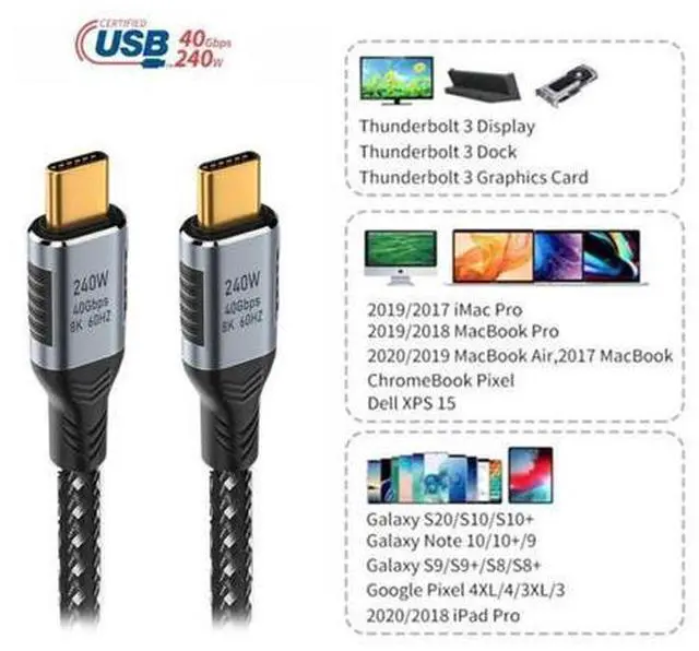 Alt view image 4 of 5 - NFHK USB-C 240W USB4 Cable 40Gbps USB3.1 100W 8K@60Hz 5K USB4.0 Compatible with Thunderbolt3/4 50CM