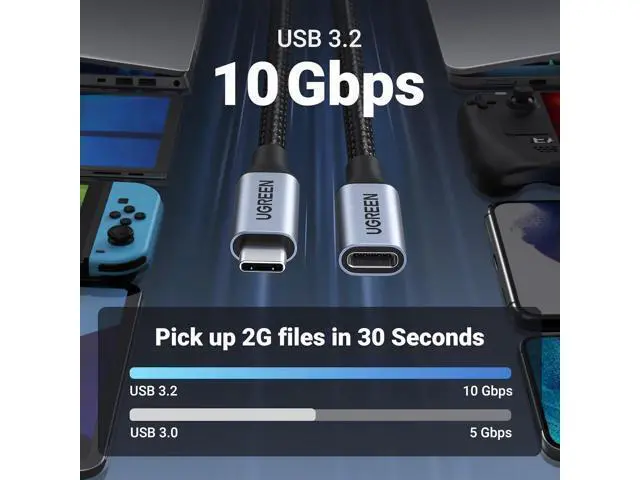 Alt view image 2 of 7 - UGREEN USB C Extension 10Gbps USB 3.2, USB-C Extension Cable 100W/4K 60Hz Compatible with iPhone 16/15, M3 MacBook Pro/Air, iPad Air 2024, Galaxy S24 Ultra Switch Consoles etc. (Grey, 1 m)