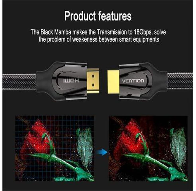 Alt view image 6 of 7 - HDMI 2.0 Cable, VENTION High Speed HDMI 2.0 4K Ultra HD Silver Cable Supports Ethernet, Xbox Play Station, PS3, PS4, PC, TV (2m/6.5ft, Black)