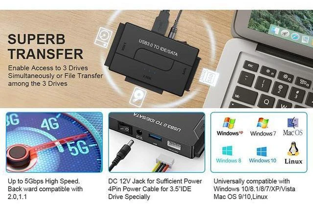 Alt view image 4 of 7 - SATA/IDE to USB 3.0 Adapter External Hard Drive Reader Recovery Converter Kit for Universal 2.5/3.5 SSD HDD DVD/CD-ROM w/12V Power Adapter Support 6TB