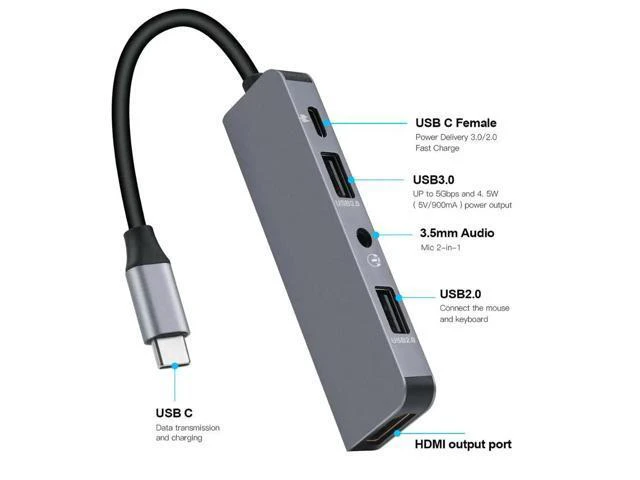 Alt view image 2 of 5 - C HUB, 5-in-1 Type C HUB with 2 3.0 Port,4K ,Audio/Mic Port, C 100W PD Charging Compatible for MacBook/Pro/Air