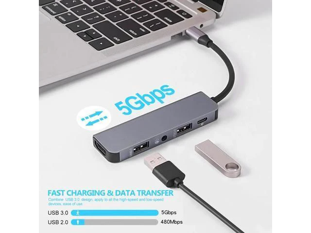 Alt view image 3 of 5 - C HUB, 5-in-1 Type C HUB with 2 3.0 Port,4K ,Audio/Mic Port, C 100W PD Charging Compatible for MacBook/Pro/Air